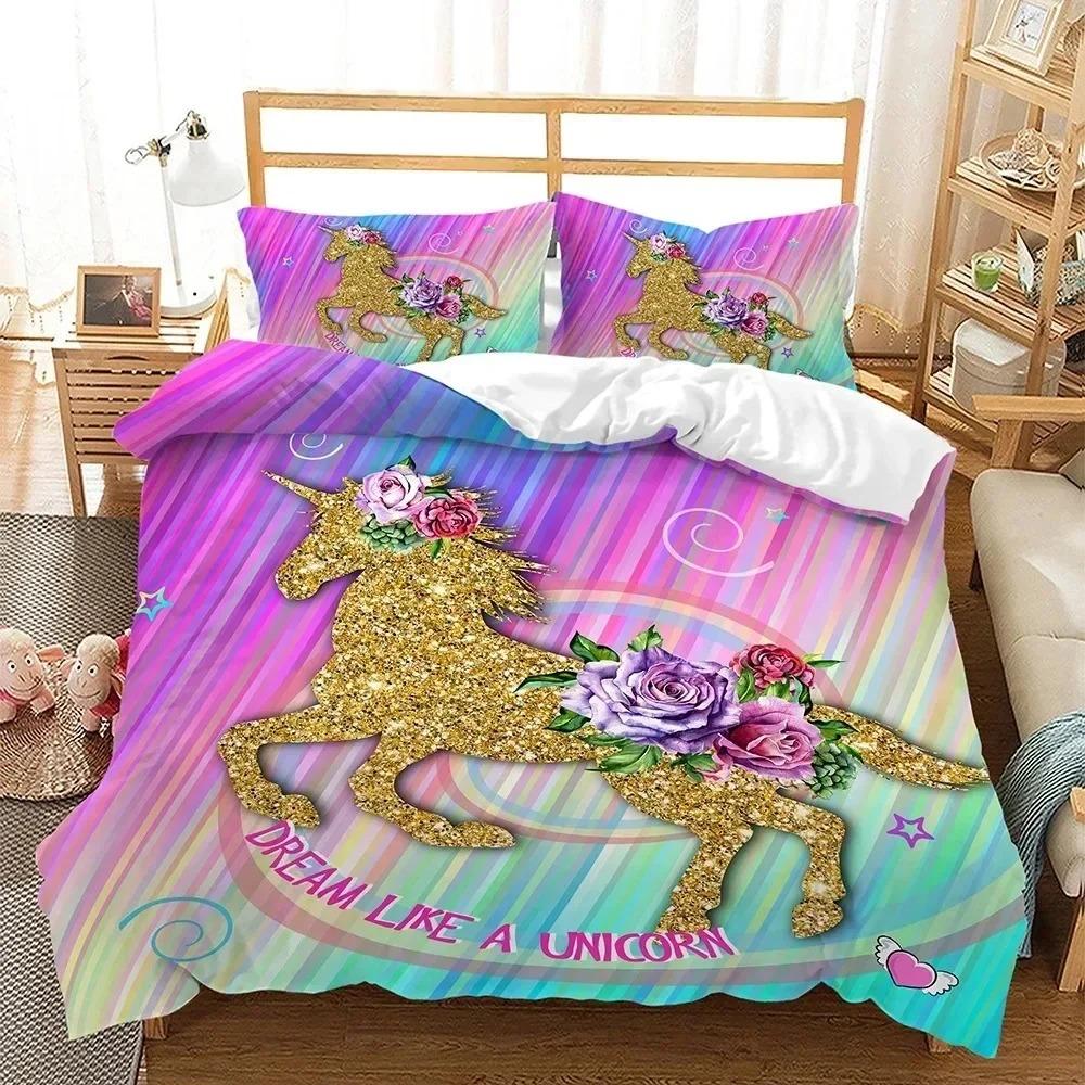 Rainbow Unicorn Bedding Set Colourful Flowers Duvet Cover Comforter Linen Pillowcases For Girls Gift Single Double King Queen