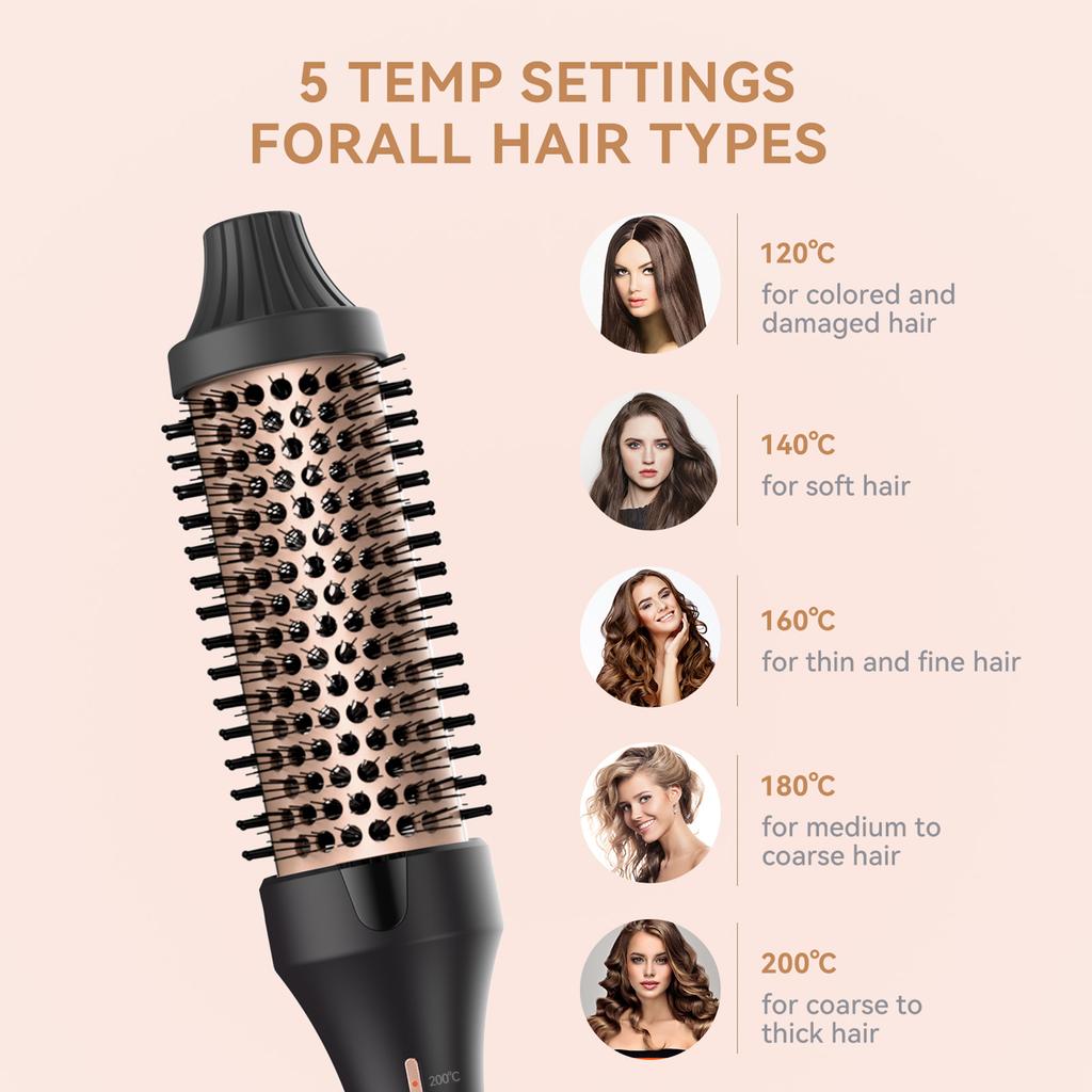 3-in-1 Hot Comb, Thermal Brush, Curling Iron and Straightening Brush, 38mm Barrel, Dual Fast Heating, 5 Temp Settings (120 degrees C-200 degre