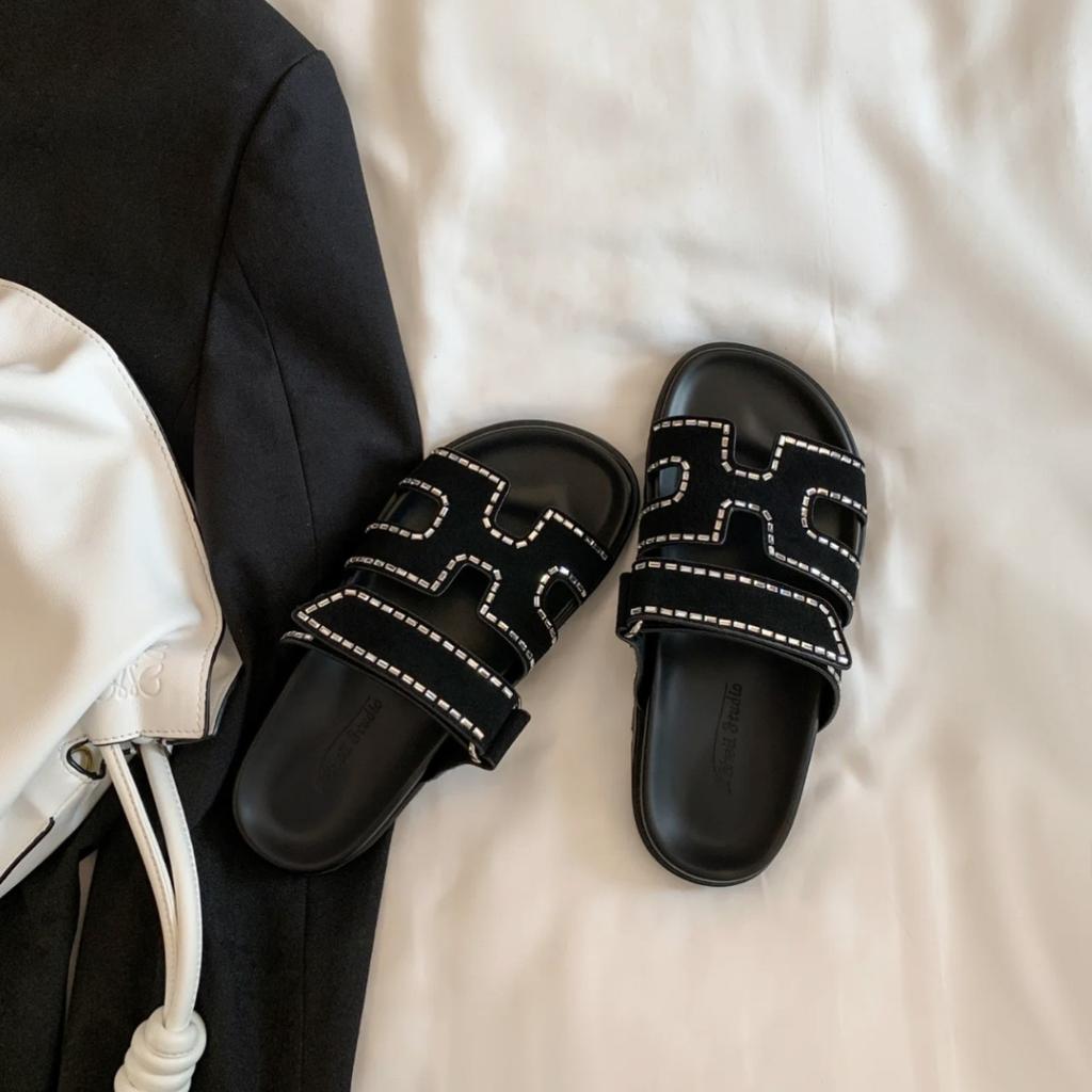 Su Yinyintong version~ Ny färg Kardborreband vardaglig tjock sula H-formade andra farbror tofflor damsandaler ytterkläder sommar nya modeller