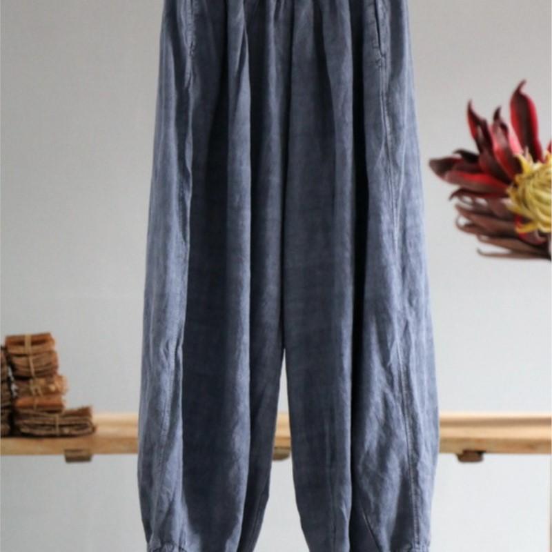 Johnature Women Vintage Linen Wide Leg Pants Elastic Waist Loose Autumn Trouser Chinese Style Women Soft Long Pants