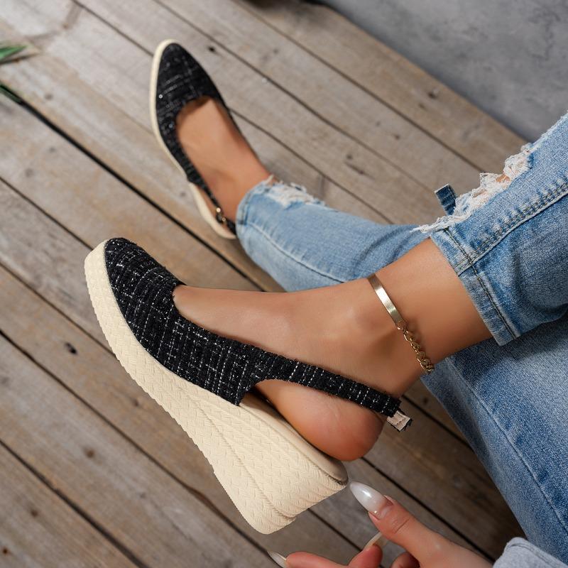 Spring new slope heel thick sole bag head high heel sandals rear empty thick heel women's shoes straw hemp rope bottom