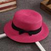 Beach Straw Hat Flat Top Wide Brim Sun Protection Hat with Black Ribbon Bow Hand-Woven Breathable Summer Hat