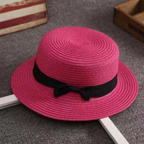 Beach Straw Hat Flat Top Wide Brim Sun Protection Hat with Black Ribbon Bow Hand-Woven Breathable Summer Hat