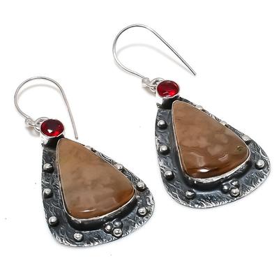 Natural Mookaite, Garnet Gemstone 925 Sterling Silver Earring 2.25" F4h75