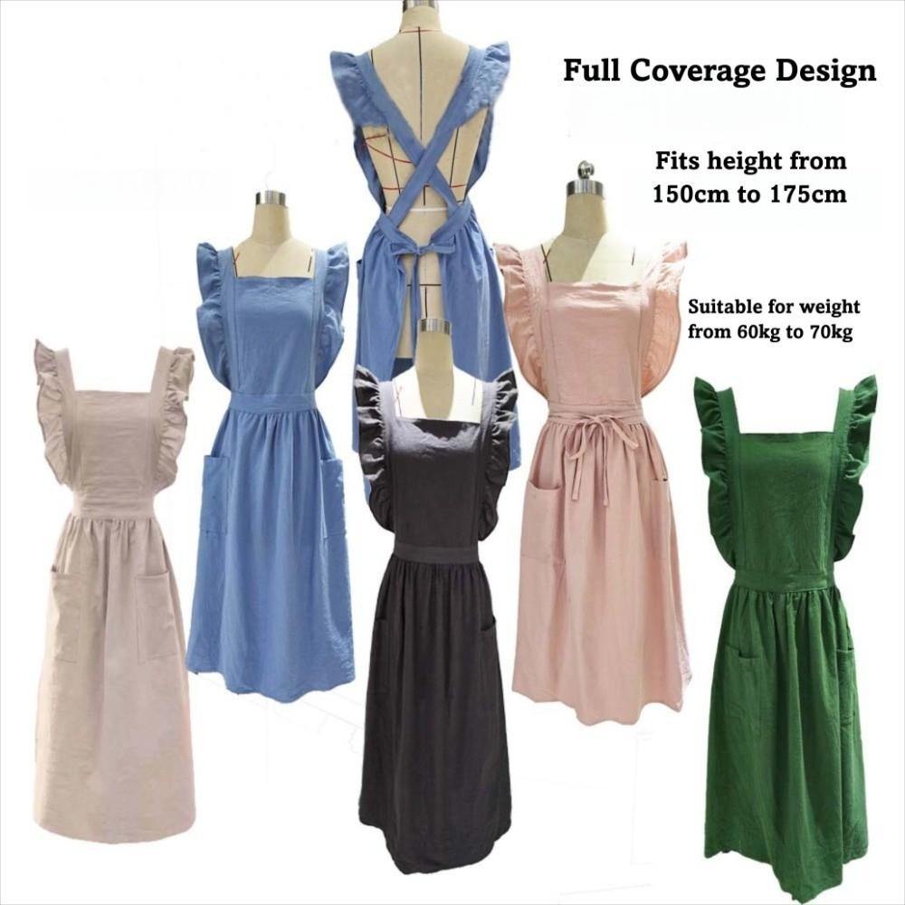 French Style Retro Flouncing Apron Cotton Adjustable Cotton Linen Pinafore Plus Size Solid Color Ruffle Trim Apron Baking