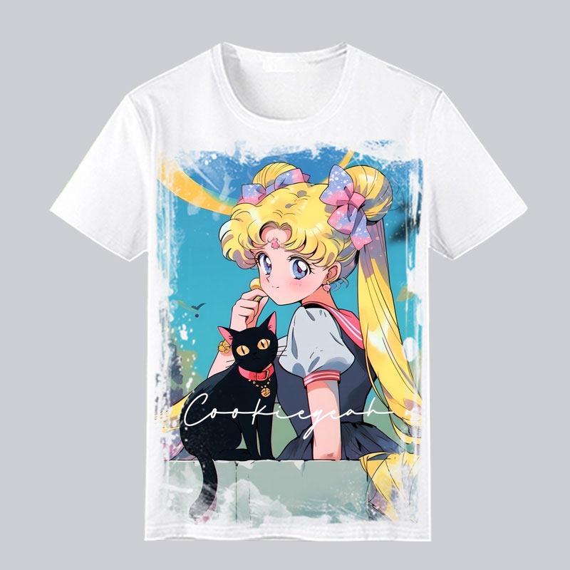 Japanese Girl Warrior Short Sleeved Tshirt for Womens Summer Water Ice Moon Rabbit Anime Peripheral Casual Half Sleeved