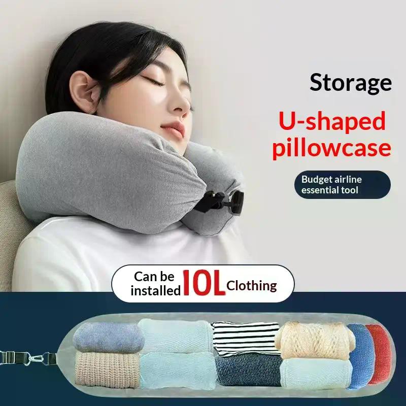 Travel Neck Pillow With Fillable Clothing Storage Bag U-Shaped Pillowcase Crystal Fleece Neck Pillow Cover For Airplane Travel