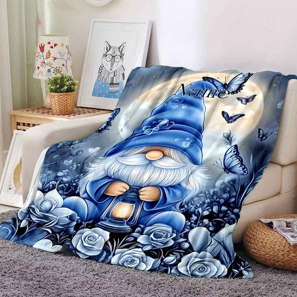 Gnome With Lantern And Butterflies Throw Personalized Blanket Personalized Text Comfortable Great For Sofa Couch Office Bed Picnics All Season Use