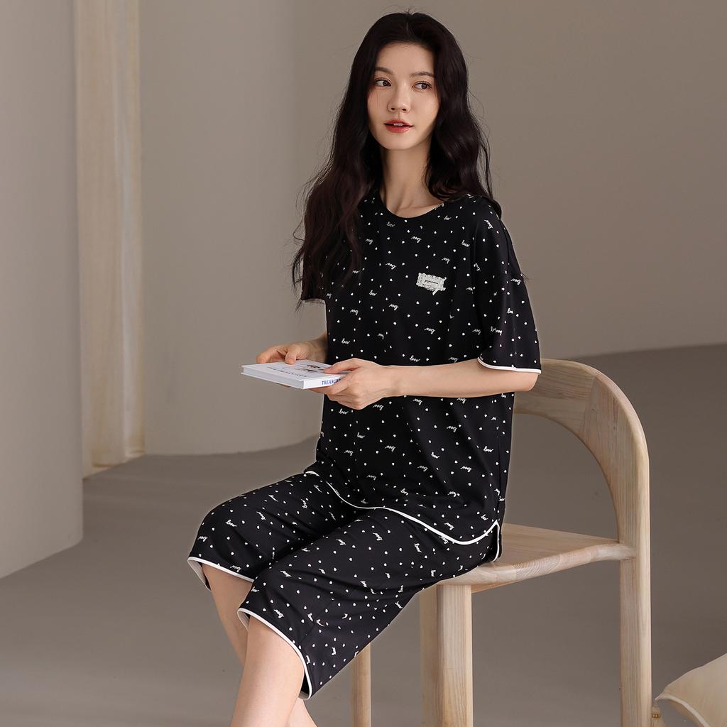 Pajamas Women's 1011 New Summer Pure Cotton with Chest Pad Summer Short-sleeved Cropped Pants Thin Wave Point Loungewear Set