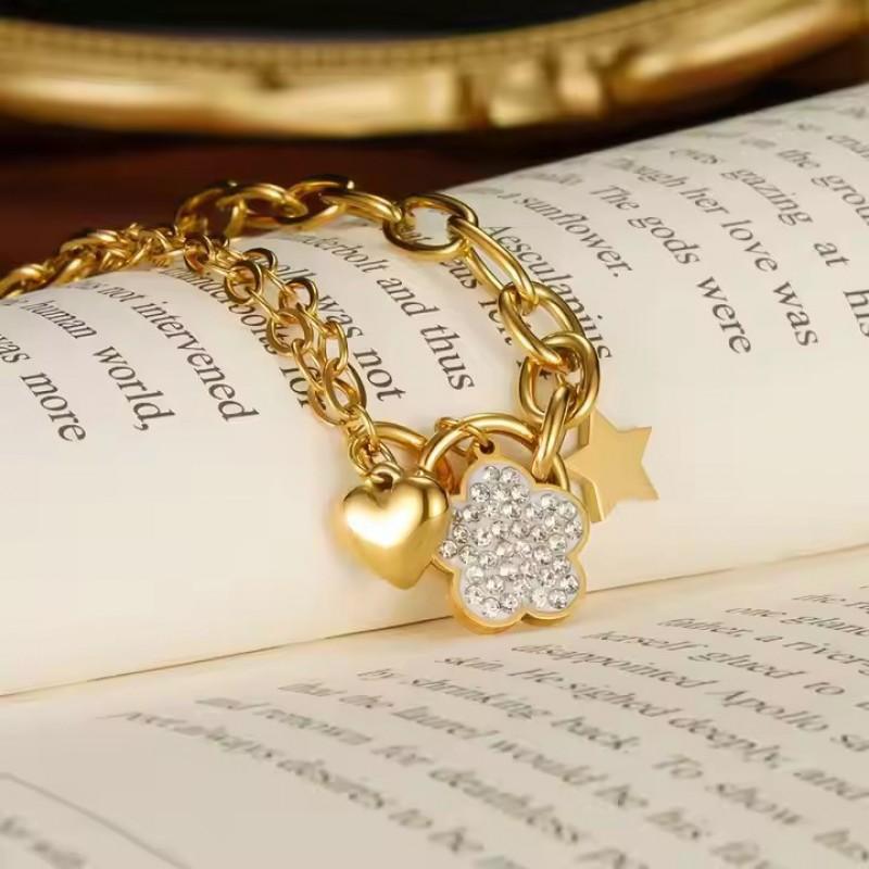 Titanium Steel Heart Star Flower Link Chain Bracelet Women Elegant Luxury Fashion Jewelry