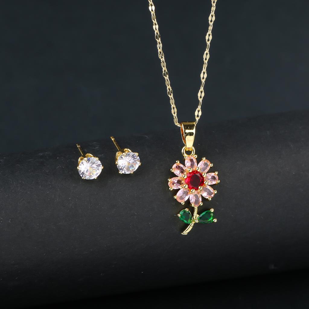 2pcs Sparkling Crystals Botanical Sunflower Necklace Earrings Zircon Set for Woman New Fashion Casual Party Zircon GirlGift