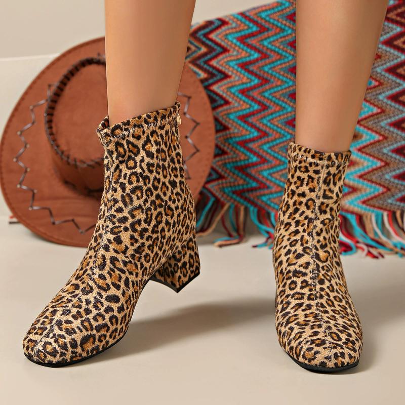 Leopard Print Square Toe Thick Heel Fashion Women's Boots Suede Autumn and Winter High Heels Short Boots Plus Size 35-43