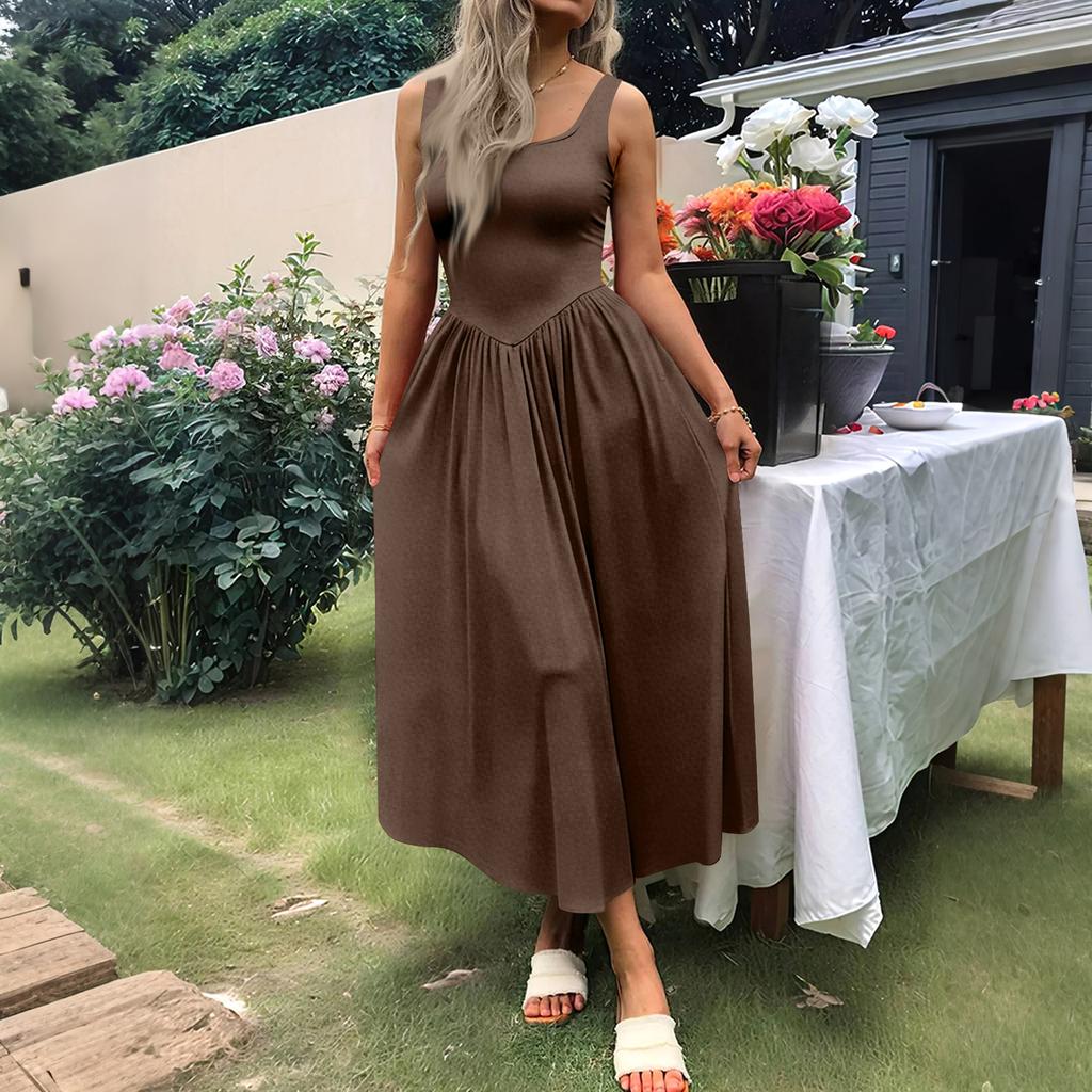 Sleeveless Square Neck Midi Dress for Women Casual Flowy Sundress with Pockets Lightweight Summer Dress