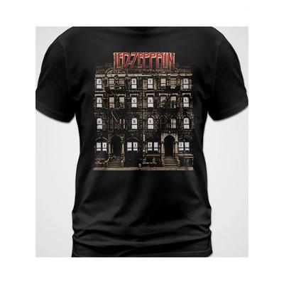 T-Shirt Featuring The Led Zeppelin Album 'Physical Graffiti' with Prints of Robert Plant And Jimmy Page. Comfortable for All Seasons, Machine
