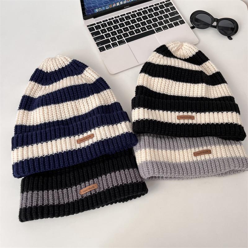 Stripe Beanie Cap for Women Winter Thick Needle Knitted Hat Vintage Hip Hop Female Slouchy Hats Casual Streetwear Hat