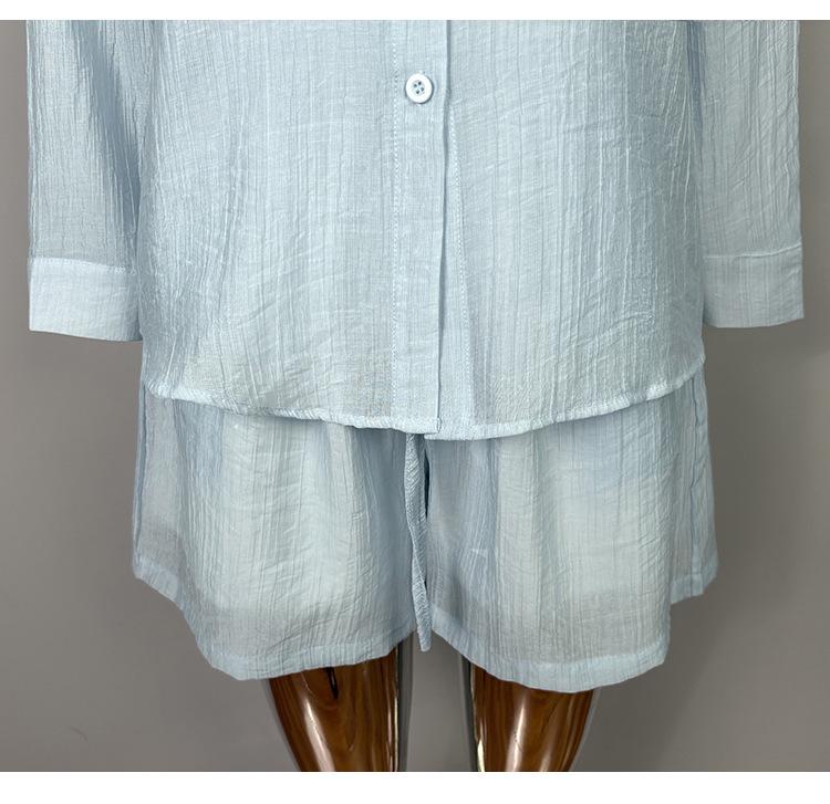 Korean Dongdaemun Fashion Casual Solid Color Slimming Long Sleeve Shirt & Shorts Set Women's Trend