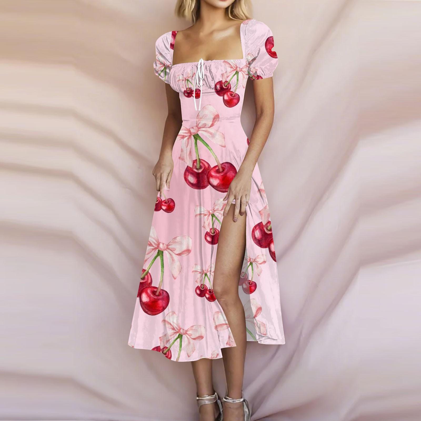 

Женские летние модные платья с цветочным принтом, завязками на груди, высокой талией, рукавами-фонариками и разрезами на талии XXL розовый