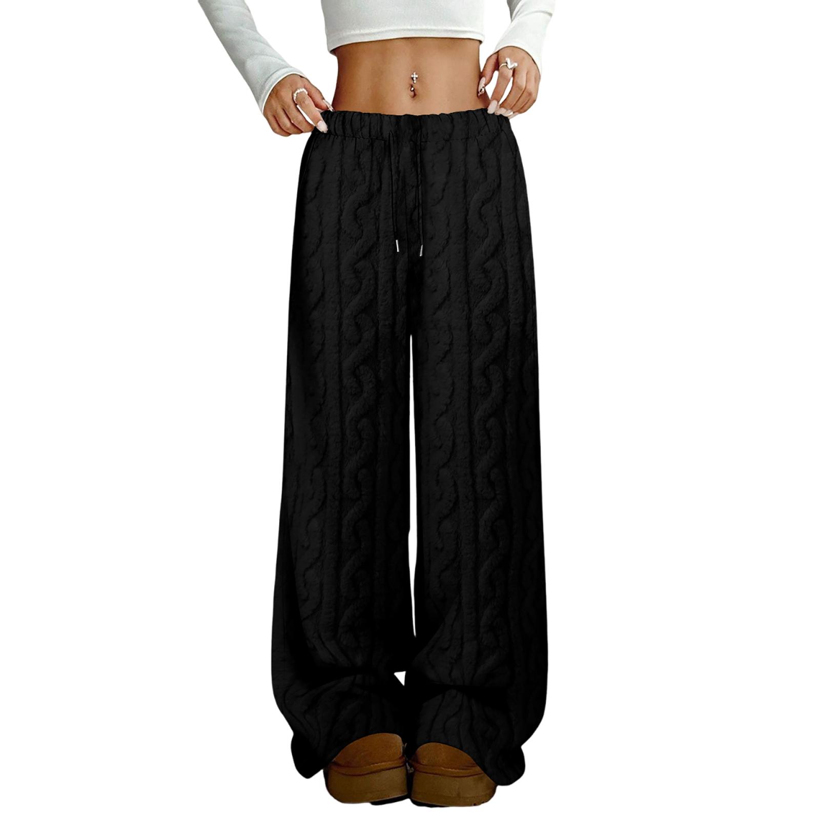 Women’s Knit Plush Lounge Pants High Waist Loose Fit Elastic Waistband Wide Leg Soft Pajama Bottoms Sleepwear L чёрный