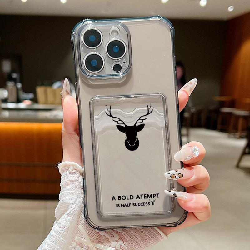 For iPhone 16E 16 Pro Max 15 Pro 14 13 12 11 Cover Shell Simple Deer Pattern Clear Card Pocket Slot Slim Shockproof Soft Silicone Phone Case