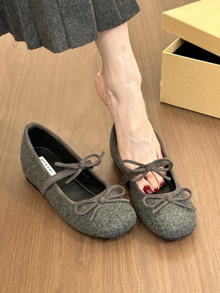 Gray's sweet girl retro woolen round head bow Mary Jane shoes women's autumn height-increasing short boots