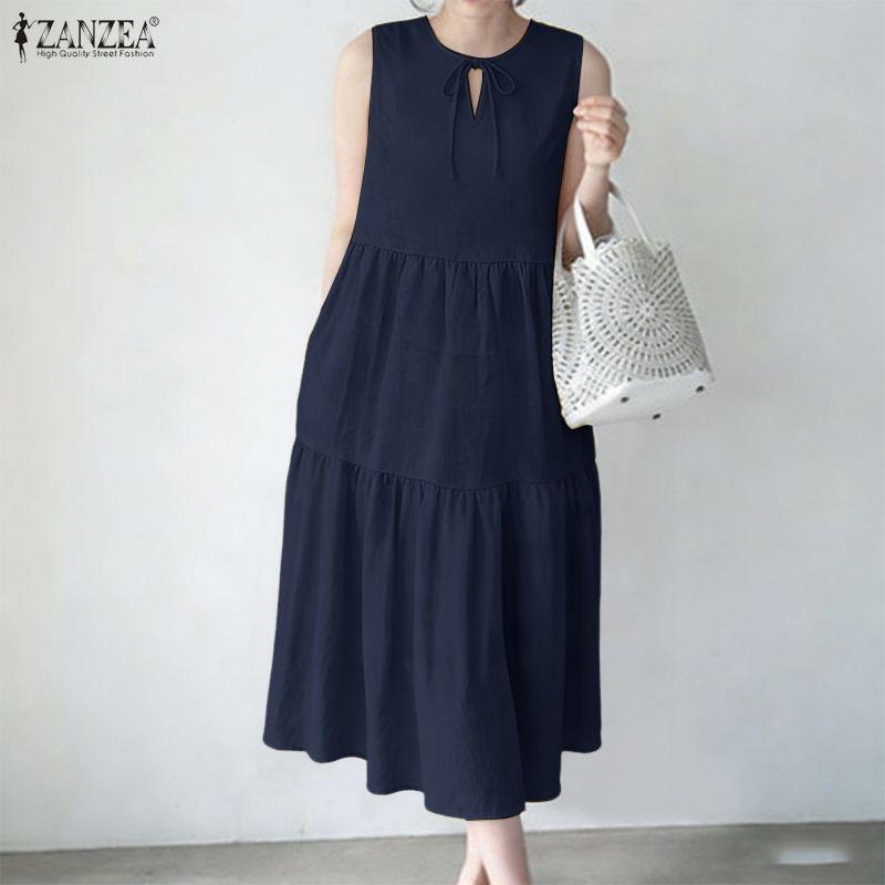 ZANZEA Women Casual Round Neck Loose Sleeveless Dress