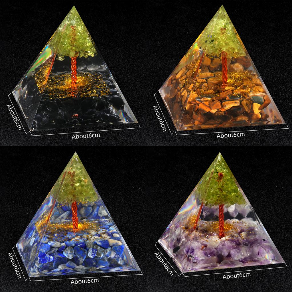 1Pc Natural Stone Chip Pyramid Ornament Decorative, Reiki Healing Crystal Furnishings, Tree of Life Pyramid  Class Desktop Home Decor Jewelry Gift