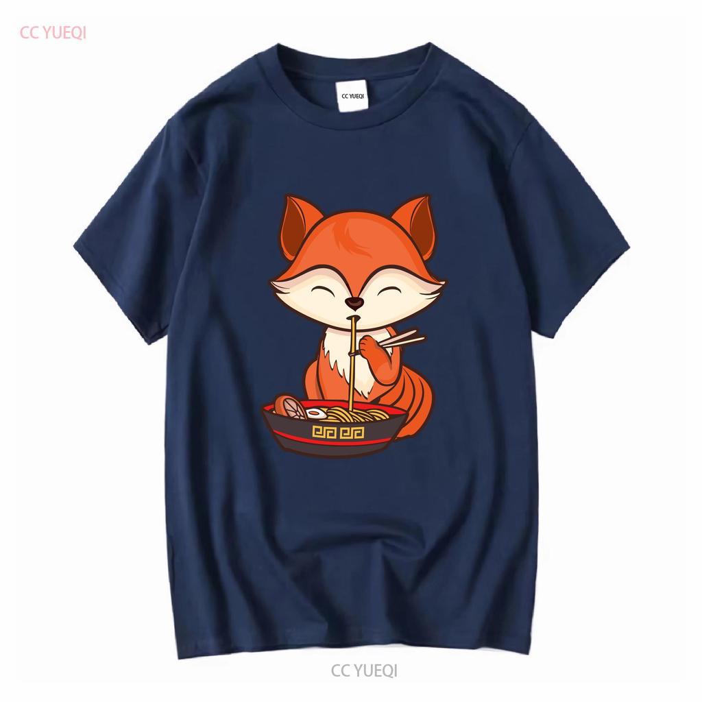 Fox Eating Ramen Kawaii T Shirt Japanese Cute Lovely Long or Short Sleeves Vintage Washed Unisex Casual Slightly Versatile