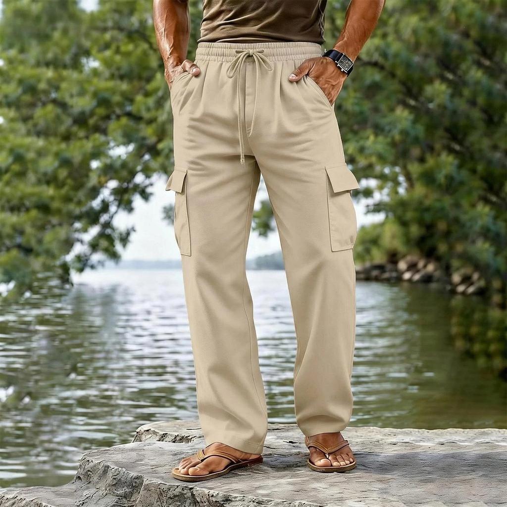 Men's Cotton Linen Drawstring Waist Straight Leg Breathable Long Cargo Pants Casual Loose Fit Trousers with Pockets