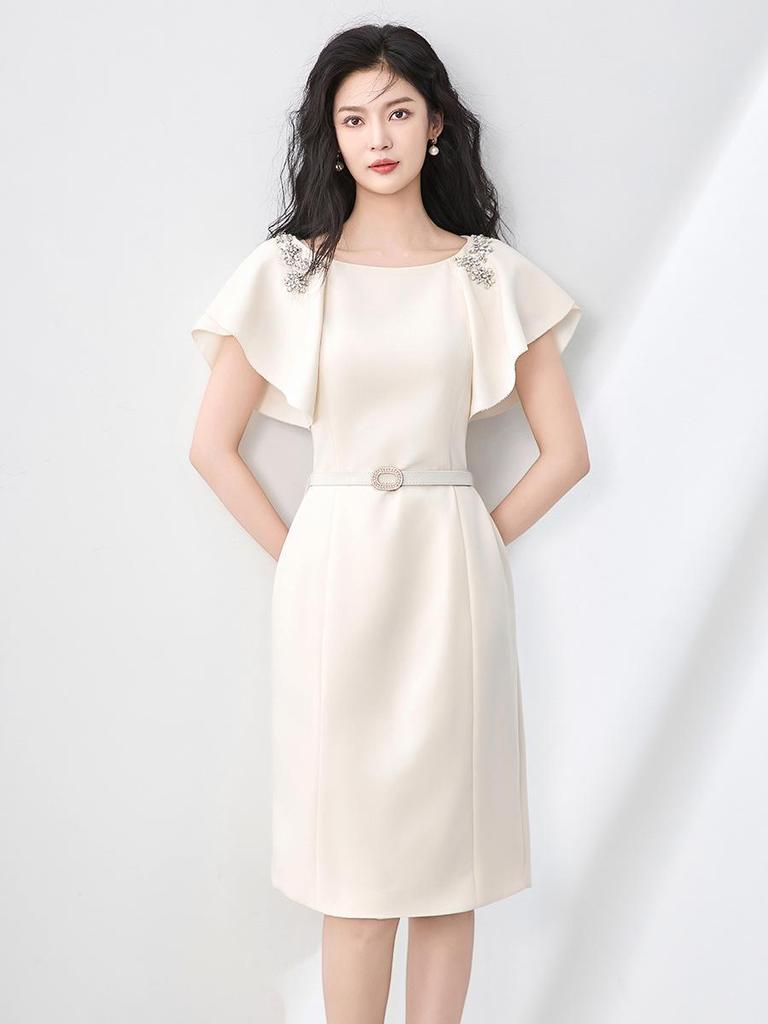 High-End Round Neck Studded Ruffle Sleeve Waist-Cinching Dress for Women - Summer Fashion