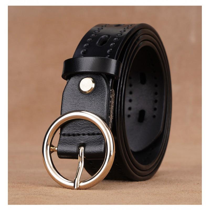 Womens Genuine Leather Belt With Cutout Design Slim Waistband Jeans Black Coffee Color Alloy Buckle 2-4cm Width