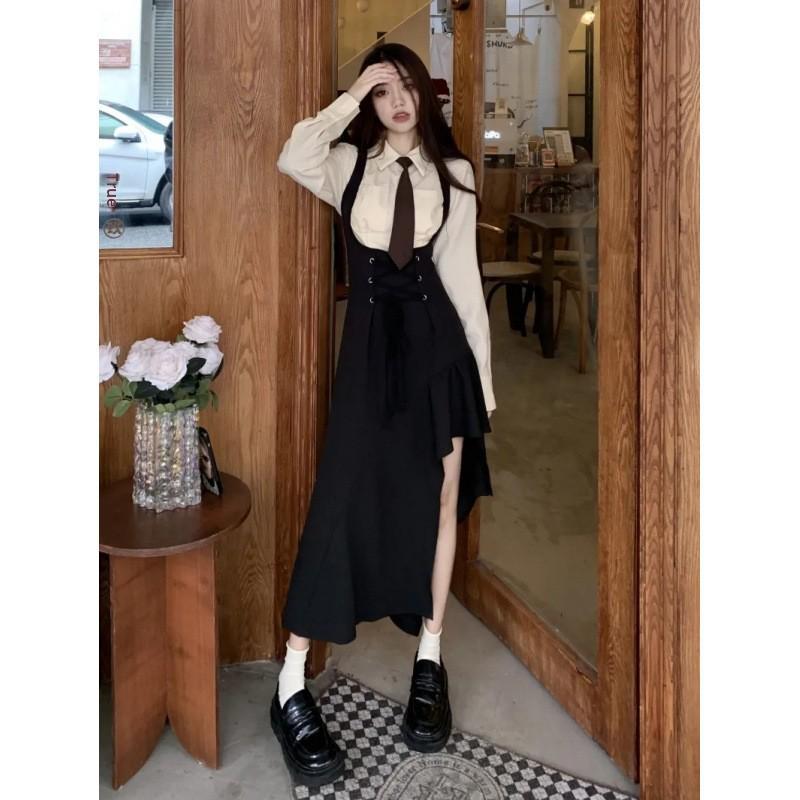 Wiosenny koreański słodki i pikantny dwuczęściowy zestaw spódnic retro ogrodniczki – uniwersalny styl casualowy