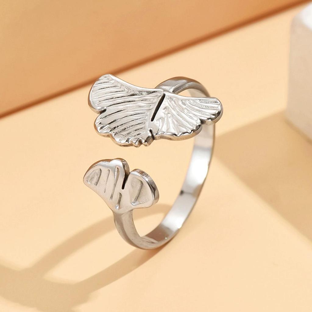 Elegant Adjustable Gold-Plated Ginkgo Leaf Ring for Women