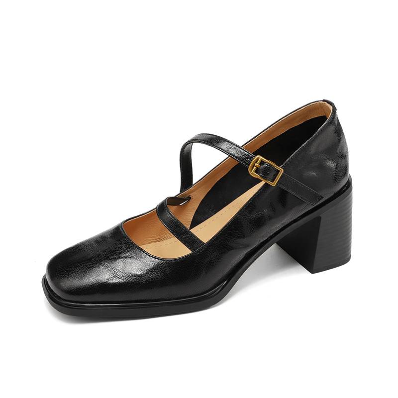Krazing Pot Sheepskin Round Toe Size 41 Chunky High Heels Buckle Straps Vintage Autumn Pumps