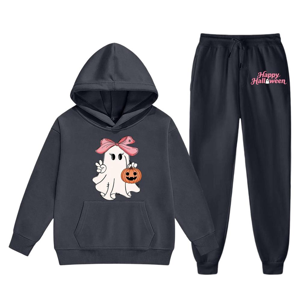 Kids Halloween Hoodie and Pants Set Ghost Print Pullover Hooded Sweatshirt and Elastic Waist Pants Comfortable Fit for Children
