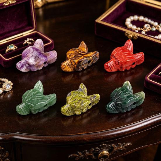 Wolf Head Stone Ornament Miniature Landscape Sculpture Crystal Texture And Polished Design Decorative Beads for DIY Bracelets