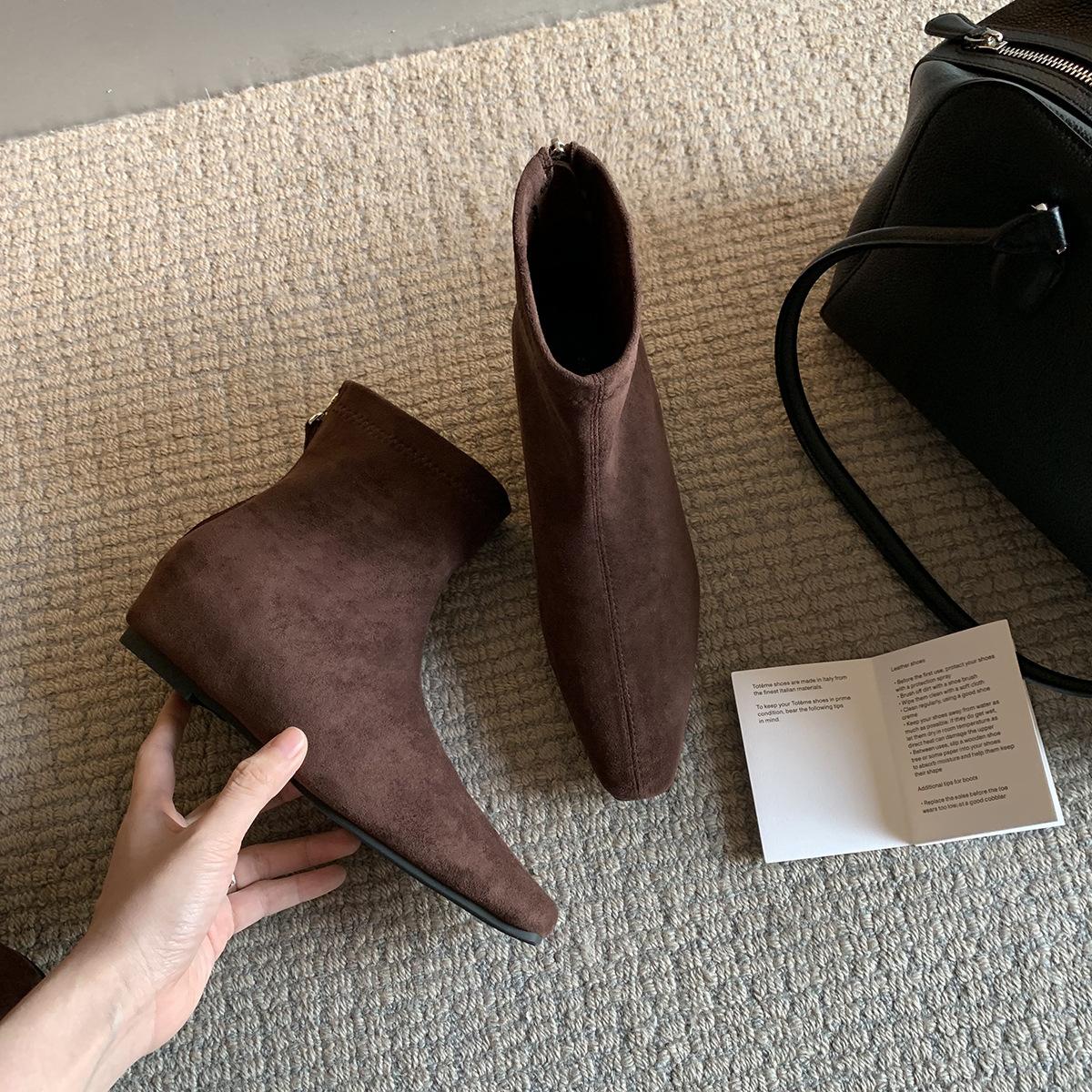 

Korean retro pointed suede versatile~ 5cm inner height increase minimalist small square head rear zipper thin boots short boots women 40