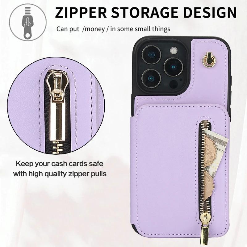 Card Slots Zipper Leather Wallet Case Flip Phone Case for For Iphone 11 12 13 14 15 16 17 Pro Max Plus Promax 16e Ring Lanyard Purse