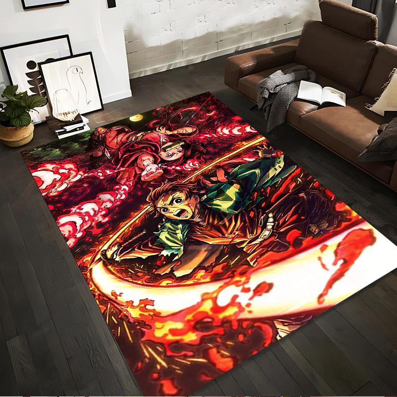 Vibrant anime-style carpet with a fiery battle scene Suitable for use as an anti-slip game mat for living room and bedroom sofas
