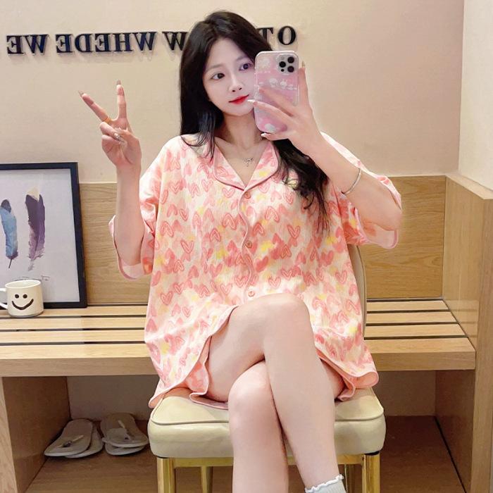 Kommt mit integriertem Brustpolster Pyjama Damen Cardigan Kurzarmshorts Sommer Cartoon Katze Loungewear