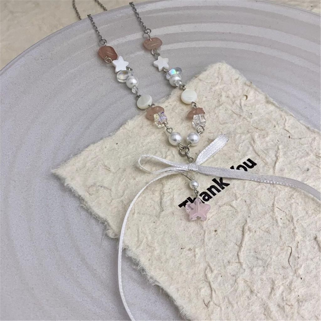 Fashionable Bowknot Star Pendant Necklace Handmade Colorful Beads Neckchain Bow Clavicle Chain for Women Girls Choker
