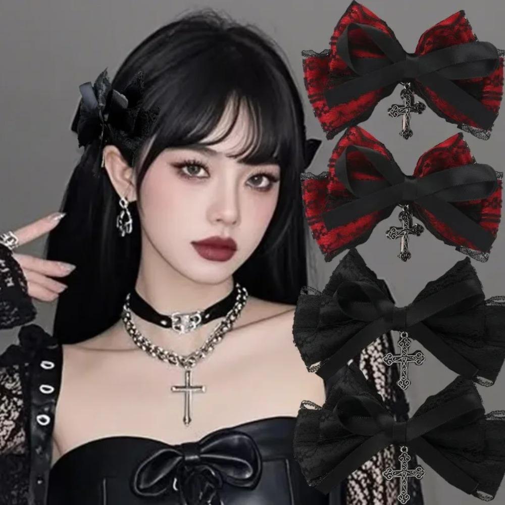 1pcs Gothic Girl's Street Exquisite Hair Accessories Bowknot Hair Love Cross Clips Versatile Dressing Dark Style Bow Hair Clip