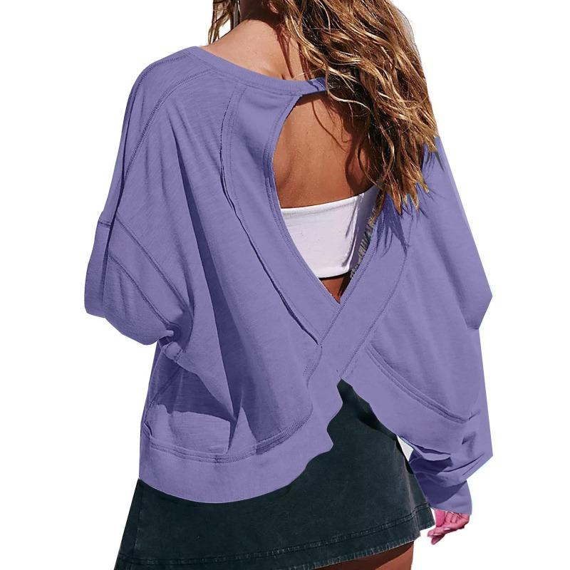 Women's Loose Long Sleeved Backless Women's Top Age Reducing Hollow Out Short Round Neck Women's T-shirt