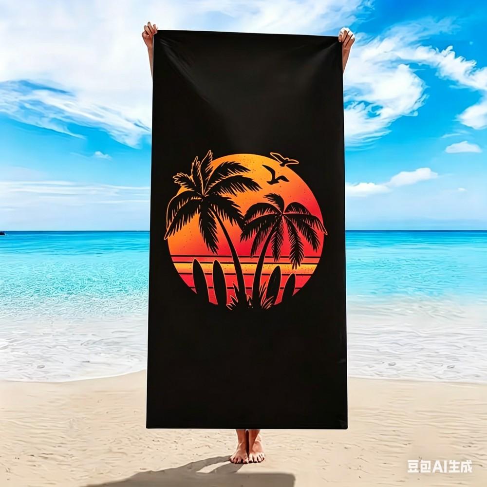 Retro Sunset Palm Tree Beach Towel Large Soft Absorbent Shower Towel Summer Seaside Pool Party Sunbathe Blanket Black Style