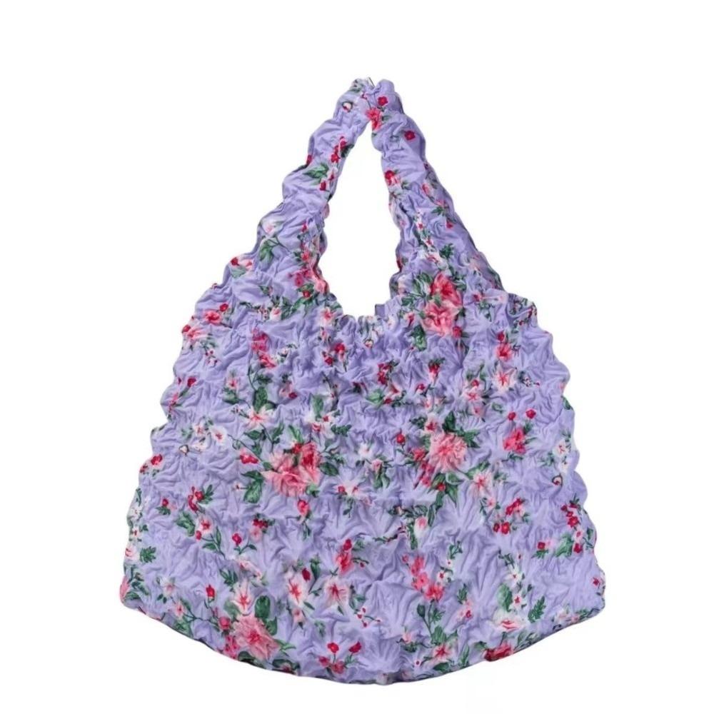 Portable Floral Pattern Bubble Bag Foldable Handheld Tote Bag Expandable Machine Washable Handbag for Travel