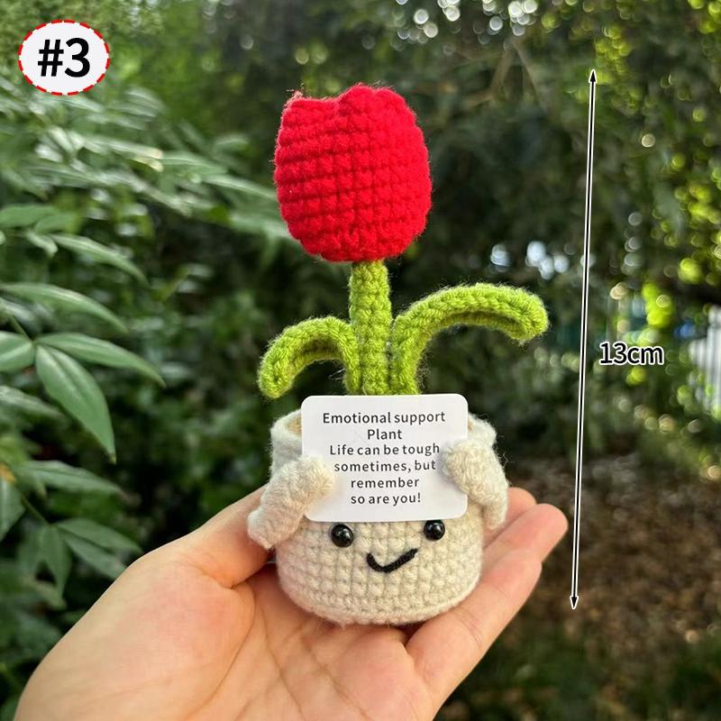 Handmade Crochet Flower Sunflower Potted Knitted Wool Ornament Auto Interior Funny Stress Relieving Decor With Positive Card