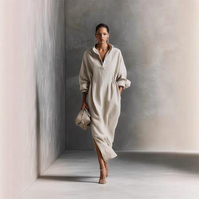 Light Beige Loose Collared Shirt Dress with Side Gathers