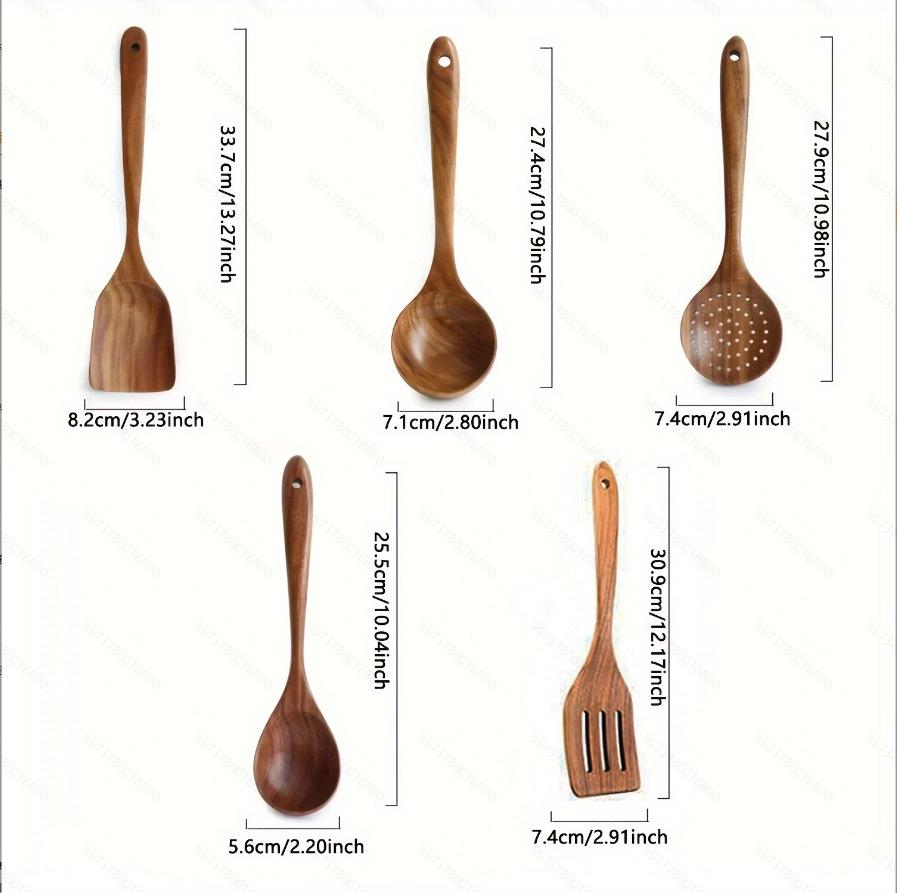 Teak Non-Stick Long-Handle Solid Wood Pan and Acacia Wood Kitchenware Set