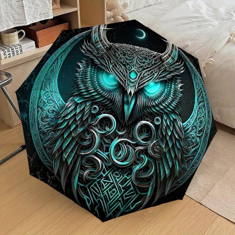 1 Stück Mondlicht Mystischer Eule Automatischer Faltregenschirm - Kompaktes 8-Rippen-Design, Langlebiger Kunststoff & Eisen, Leicht für den Täglichen Gebrauch im Freien, Festliches Geschenk084