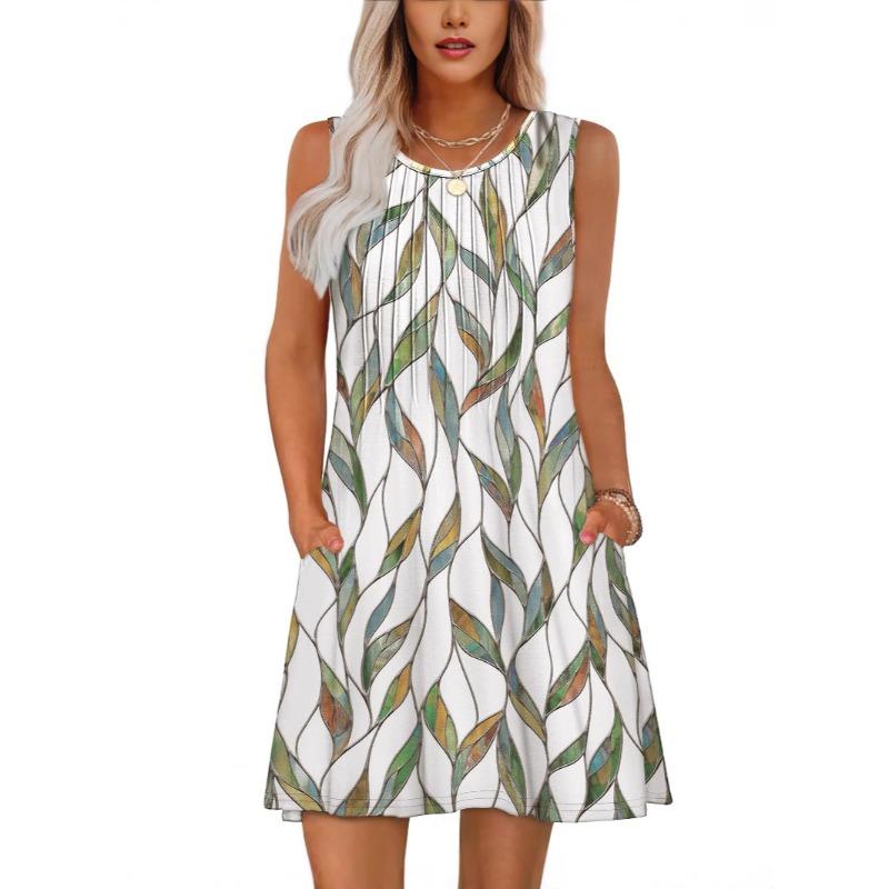 QICED Women's Fashion Summer Spring Sleeveless O-Neck Casual Dresses