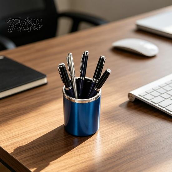 Pen Holder, Cylindrical Design Pencil Holder with Silver Edge Decoration, 3-Compartment Desktop Organizer for Pens Paper Clips Makeup Brushes